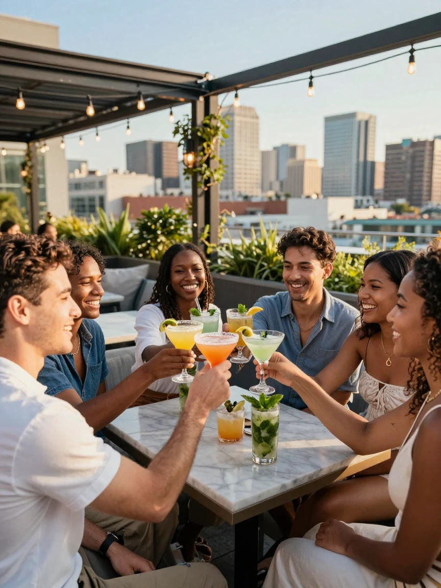 A group of friends toasting with cocktails at a rooftop bar.