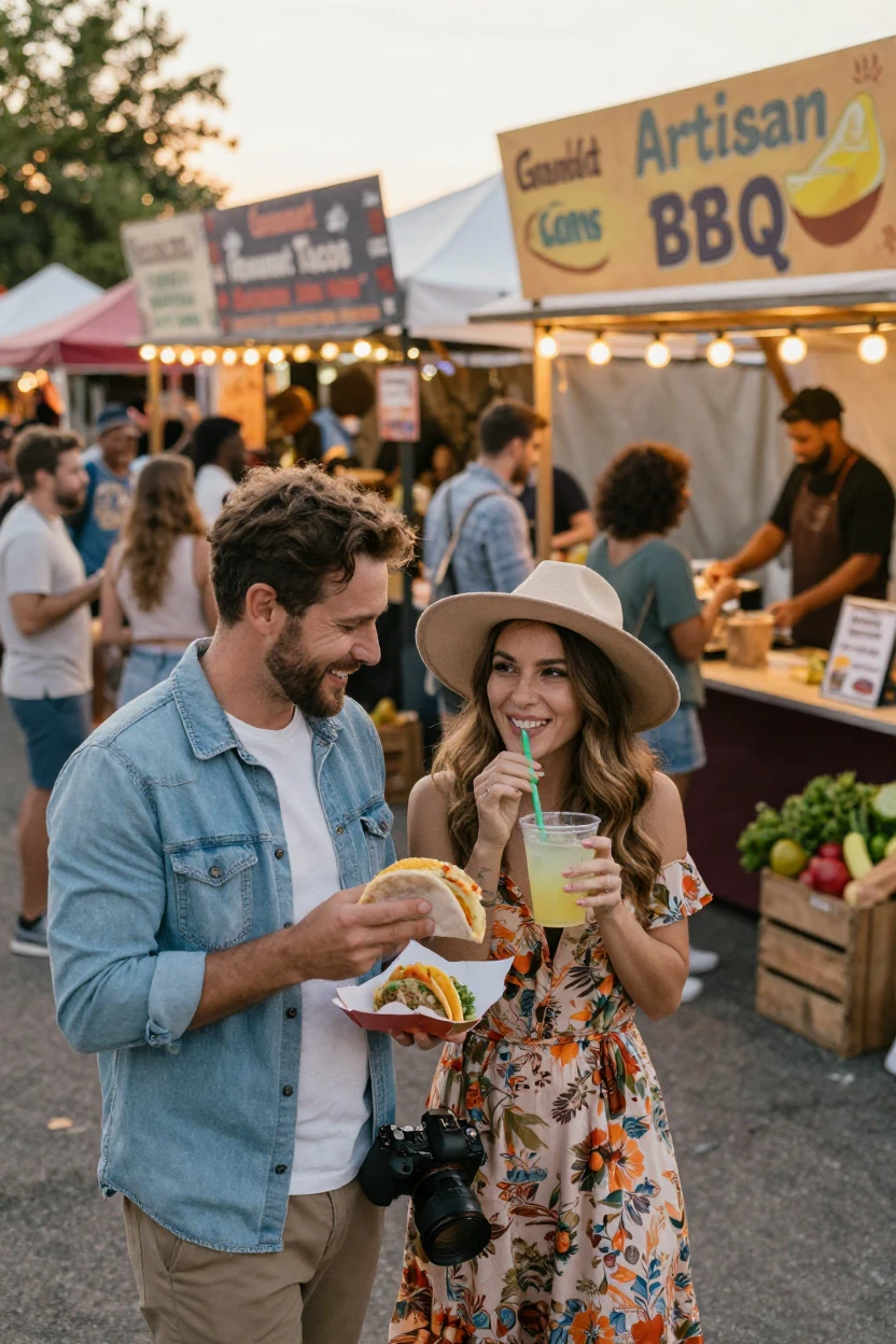 A couple exploring an outdoor food festival with street food stalls.