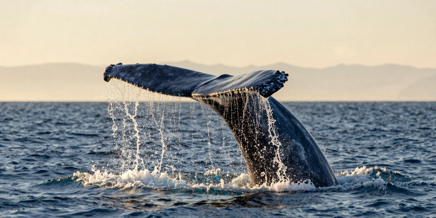 A close-up of a whale's tail breaching the ocean surface.