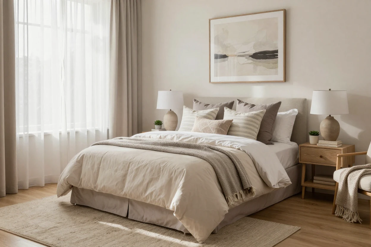 A staged guest bedroom with neutral tones and layered bedding.