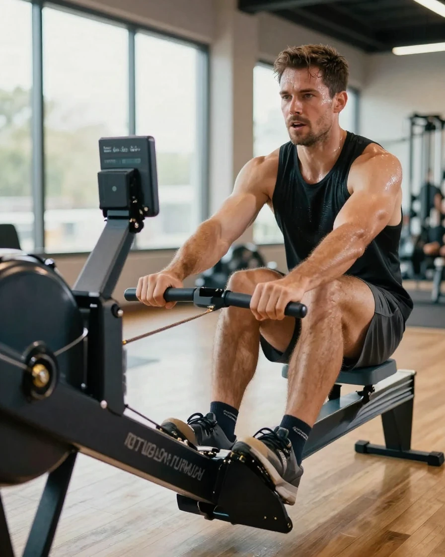 A man doing a rowing sprint on an indoor rowing machine.
