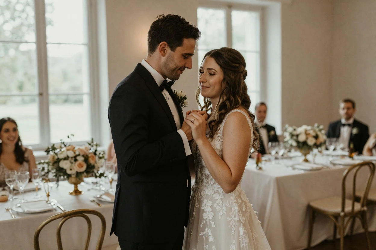 A groom and bride sharing a private moment before the reception begins.