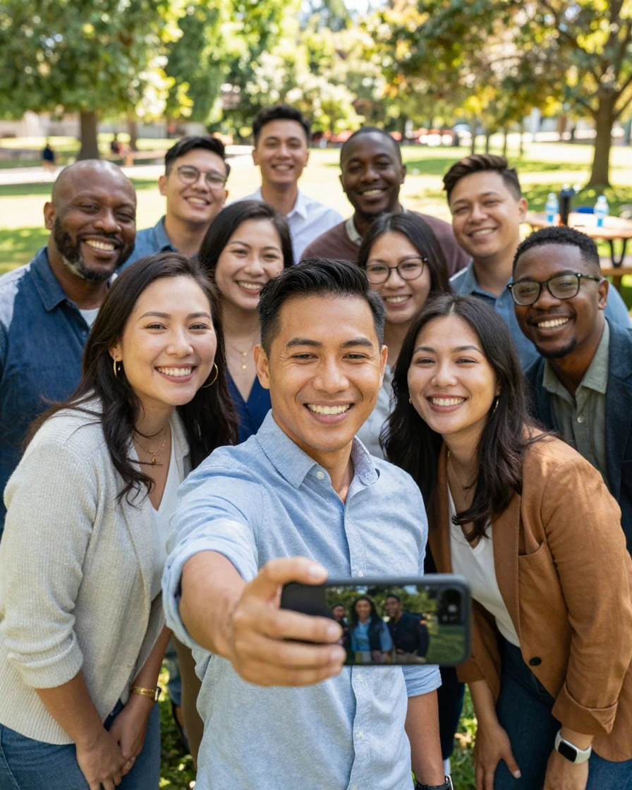 A team of coworkers taking a group selfie at a company outing.