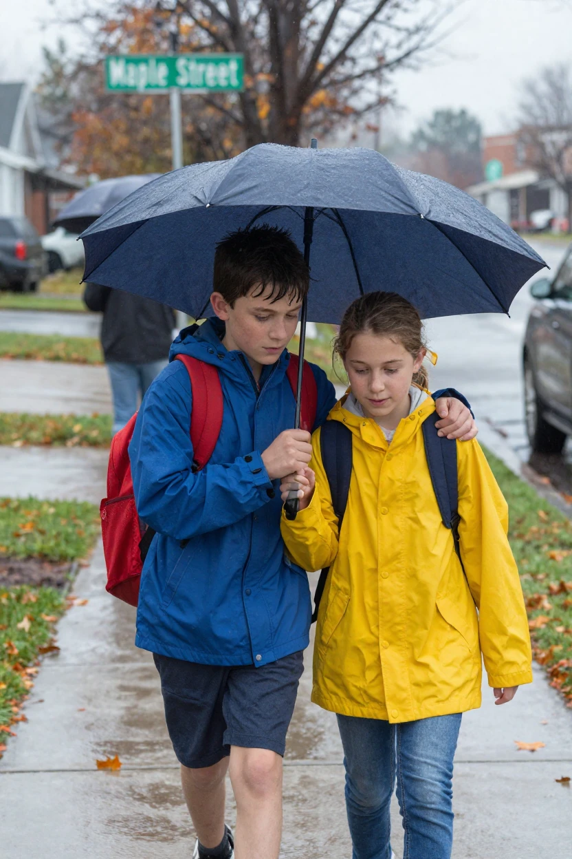 Siblings sharing an umbrella while walking home from school in the rain.