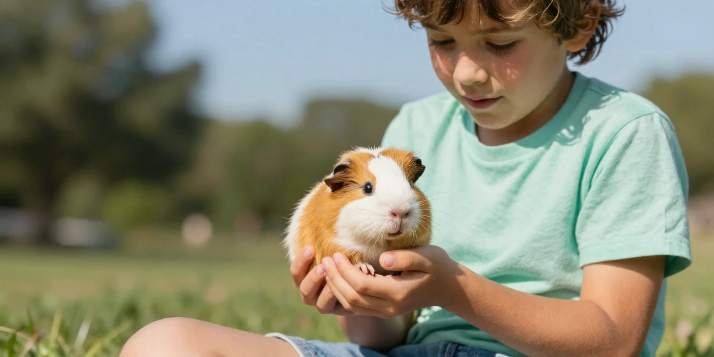 A child holding a guinea pig gently in cupped hands.