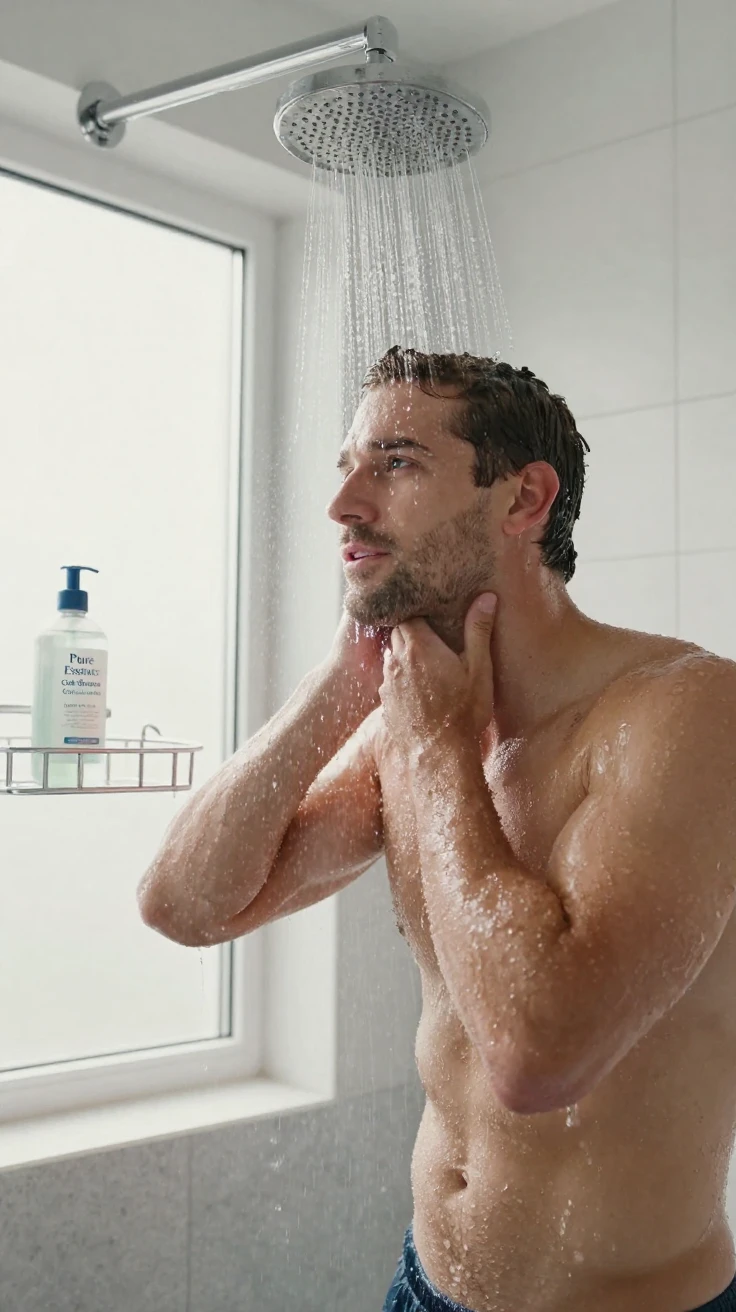 A man doing a morning cold shower routine in his bathroom.