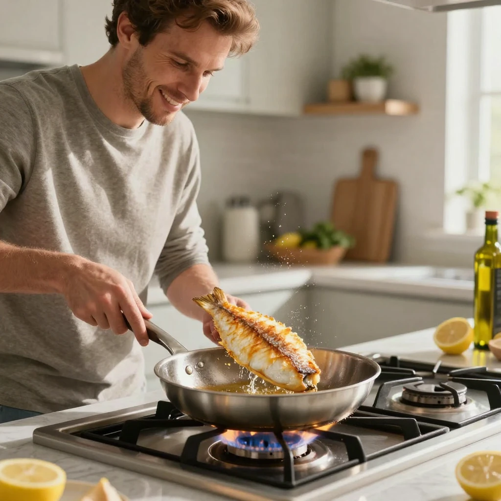 A man flipping a fish fillet in a hot pan on the stove.