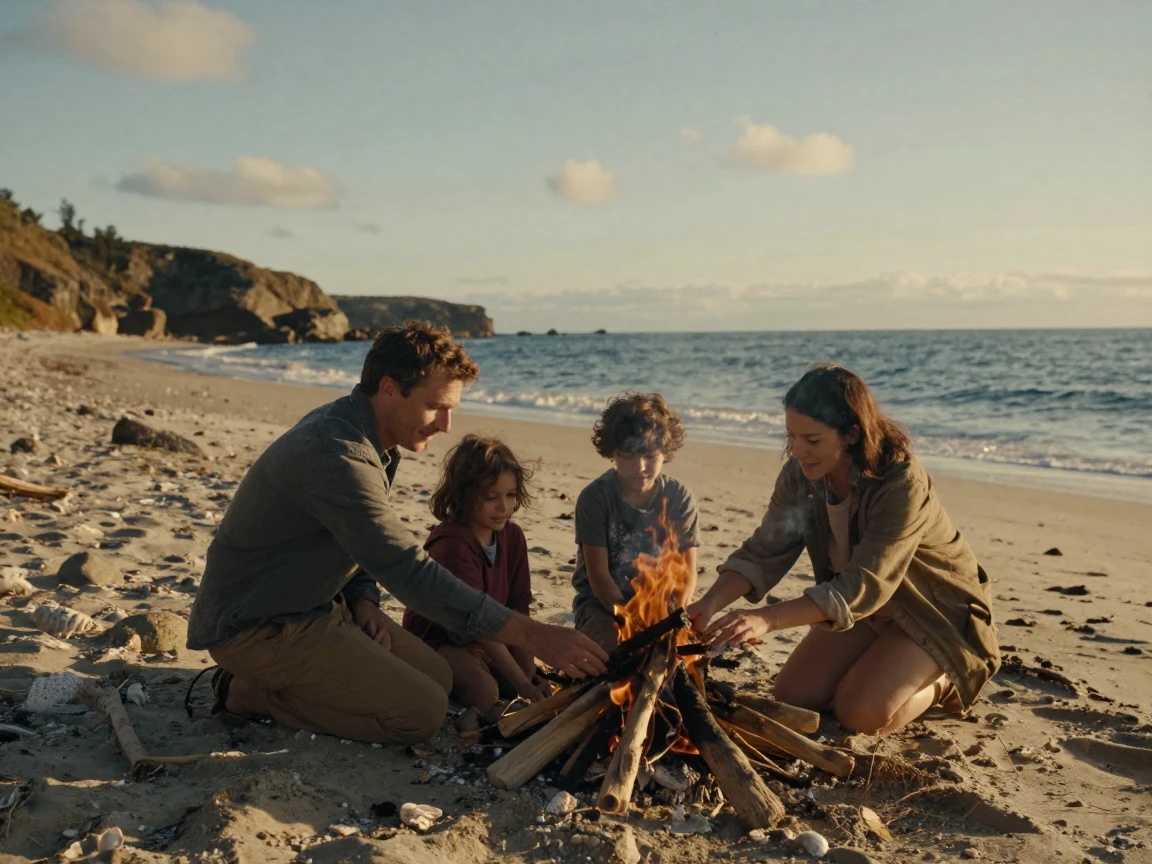 A family building a bonfire together on a remote beach.