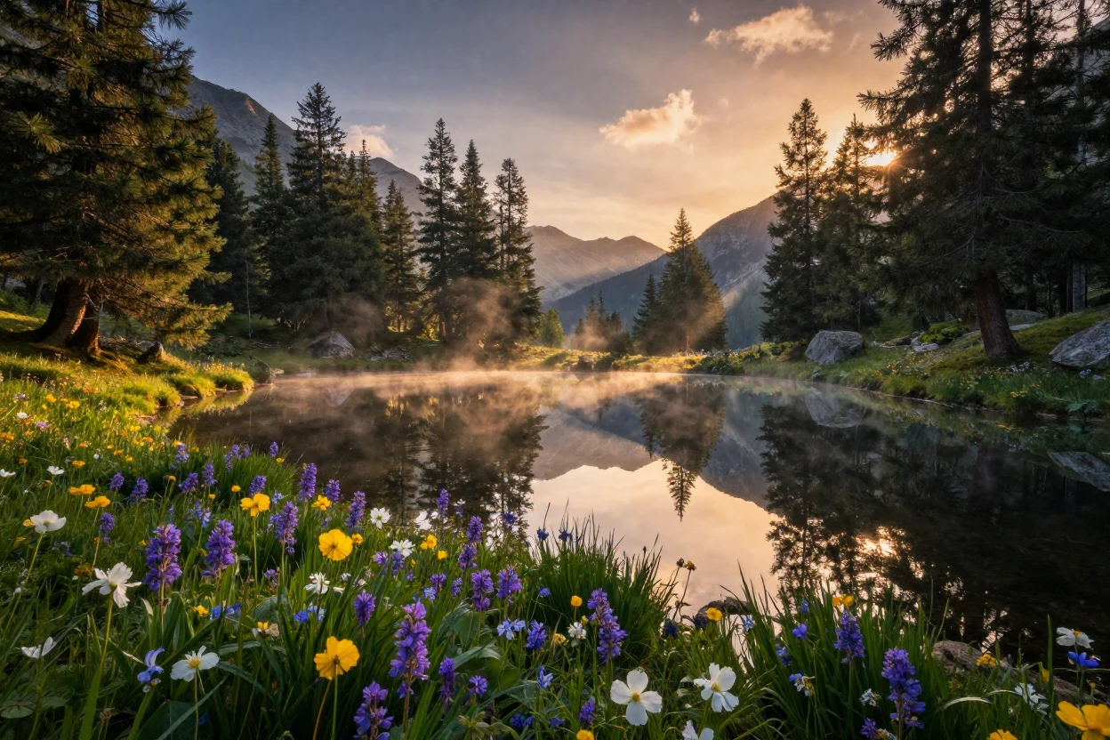 A quiet alpine lake surrounded by wildflowers and pine trees.
