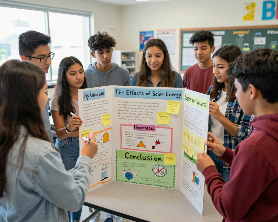 A group of students collaborating on a science fair poster board.