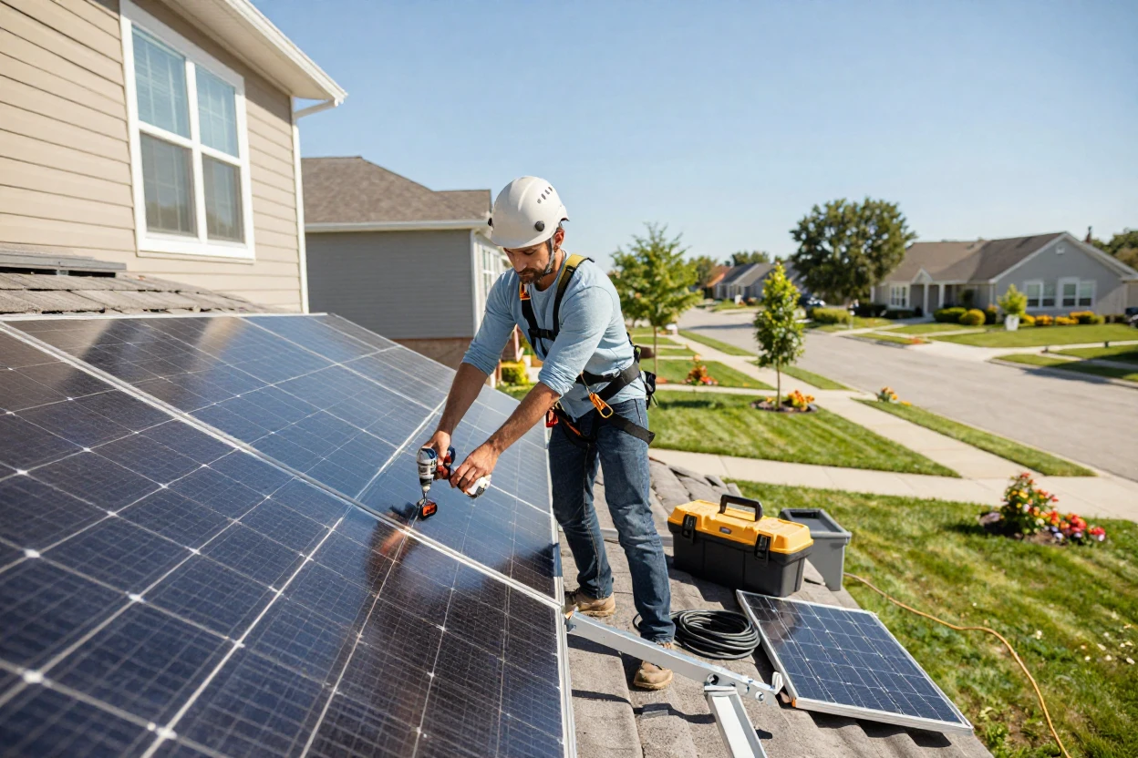 A homeowner installing solar panels on a residential rooftop.