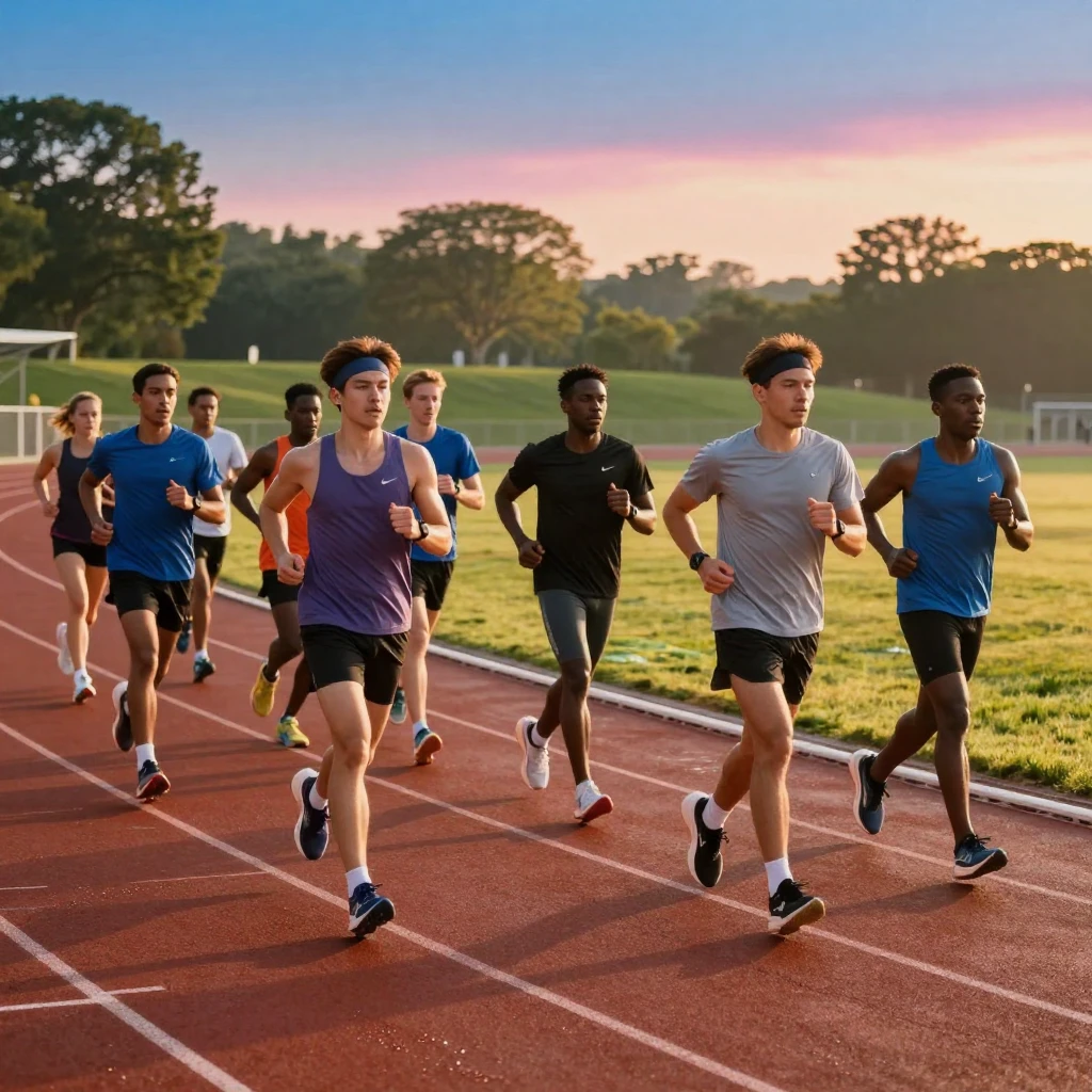 A group of runners training together at sunrise on a track.