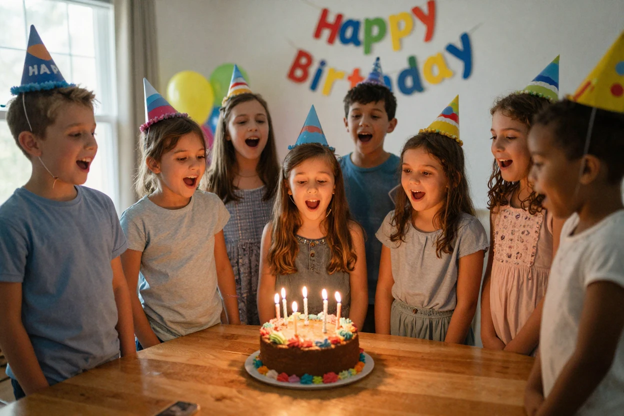 Children singing "Happy Birthday" around a cake with lit candles.
