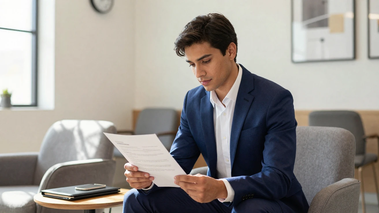 A young professional reviewing a resume before a job interview in a waiting area.