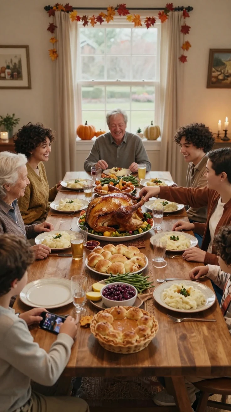 A family celebrating Thanksgiving dinner together around a large table.