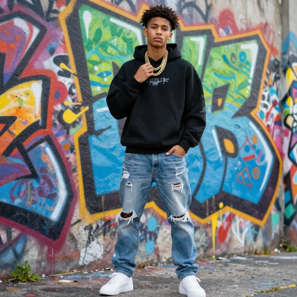 A model posing against colorful graffiti wearing streetwear and gold chains.