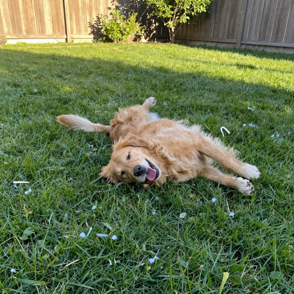 A dog rolling happily in freshly cut grass.