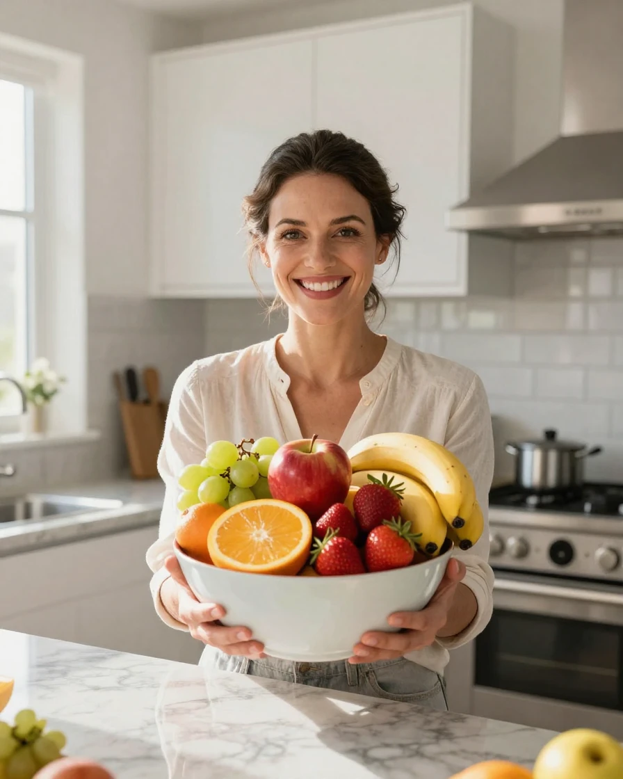 A woman holding a bowl of colorful fruit while smiling in her kitchen.