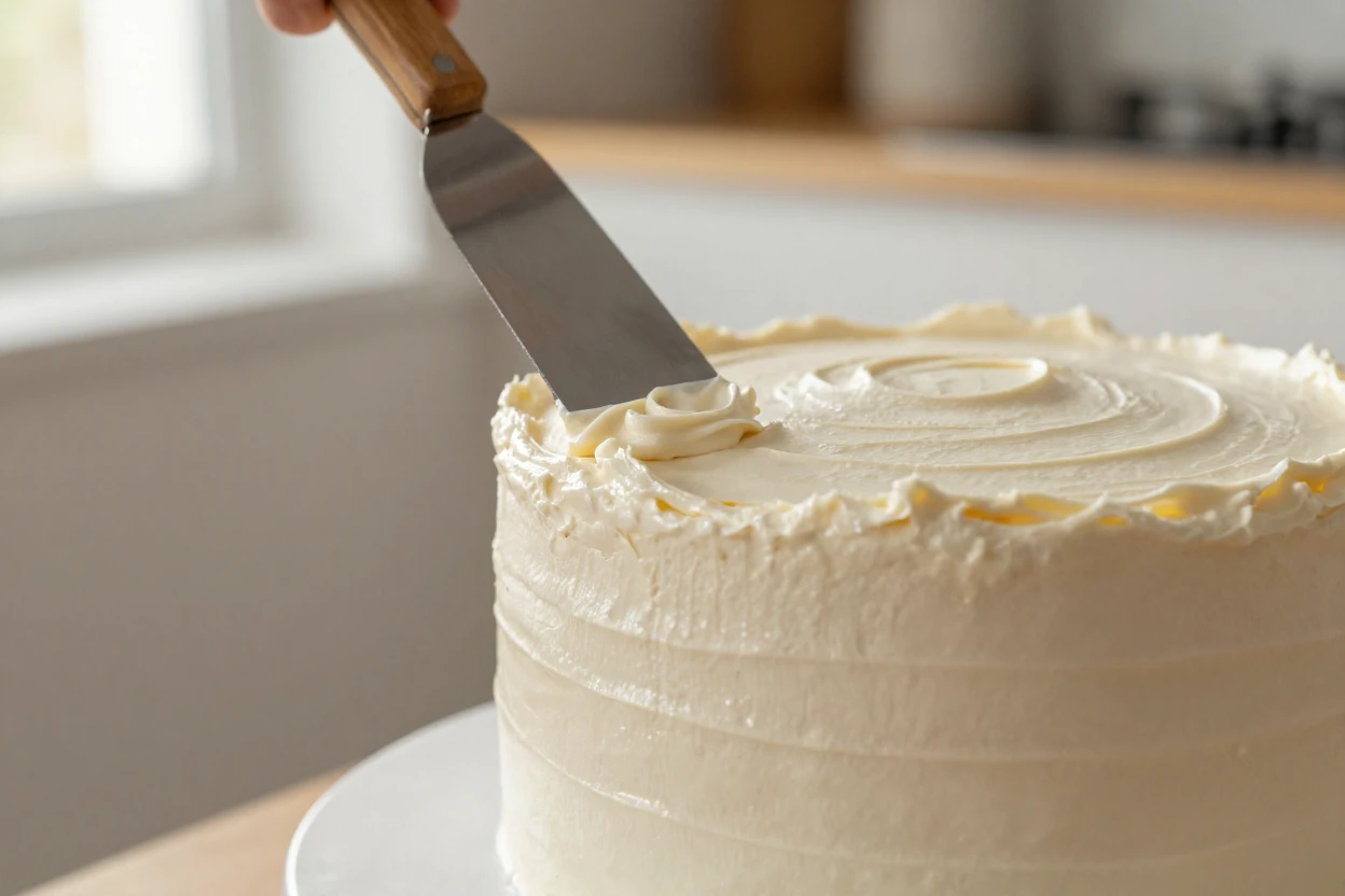 A close-up of a cake being frosted smooth with an offset spatula.