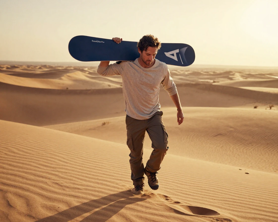 A man climbing a sand dune with a snowboard-style sandboard.
