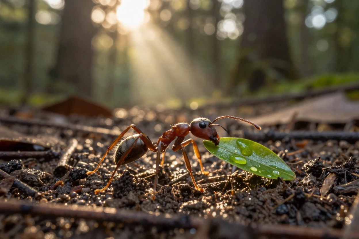 A close-up of an ant carrying a leaf fragment across the forest floor.