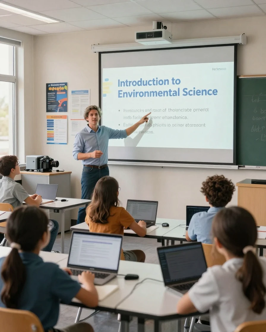 A teacher introducing a new topic using a projector and slides.