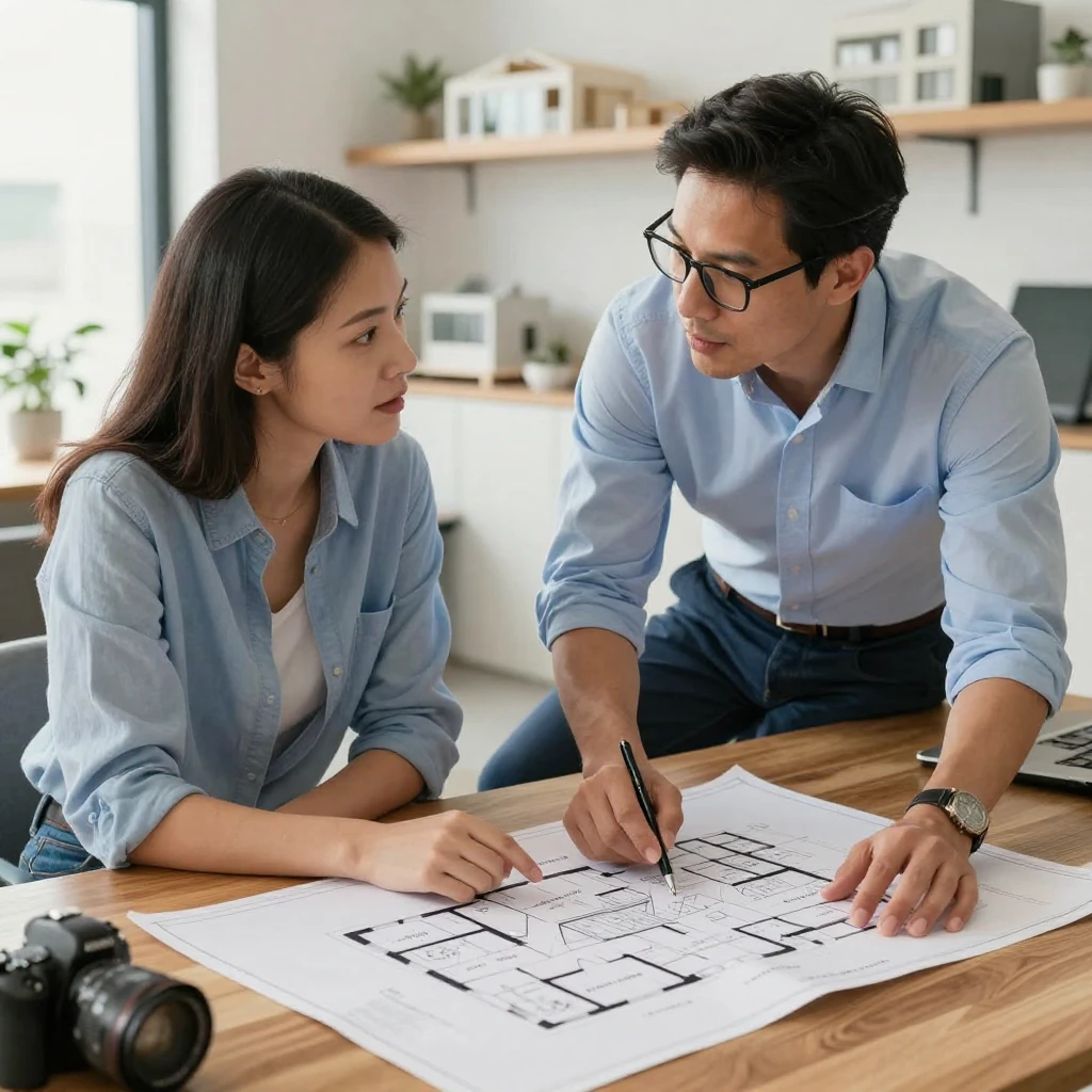 A couple discussing a floor plan layout with an architect.