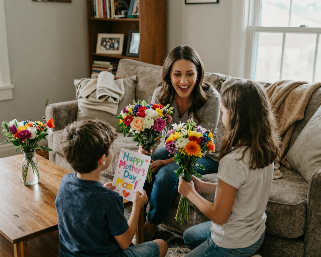 A family celebrating Mother's Day with flowers and a homemade card.
