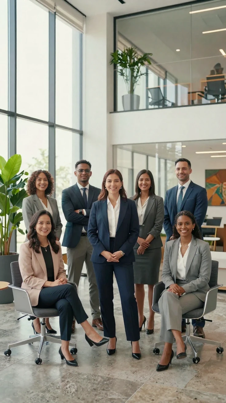A diverse leadership team posing for a formal group portrait in an office lobby.
