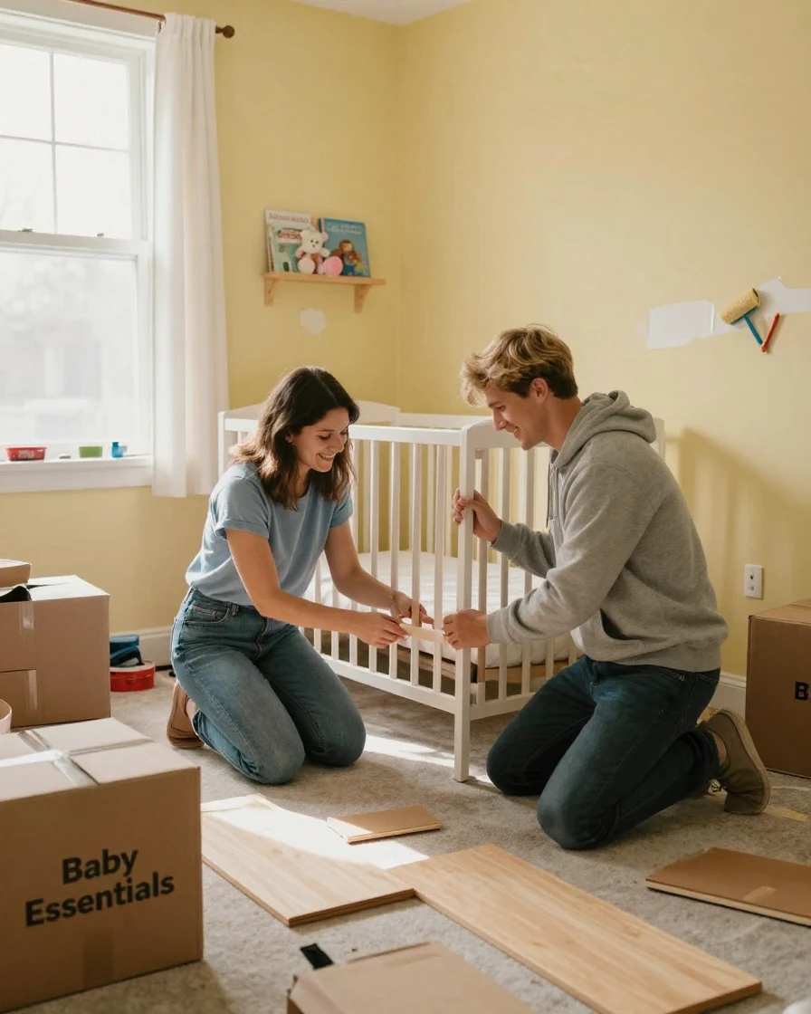 A young couple assembling a crib together in a half-finished nursery.