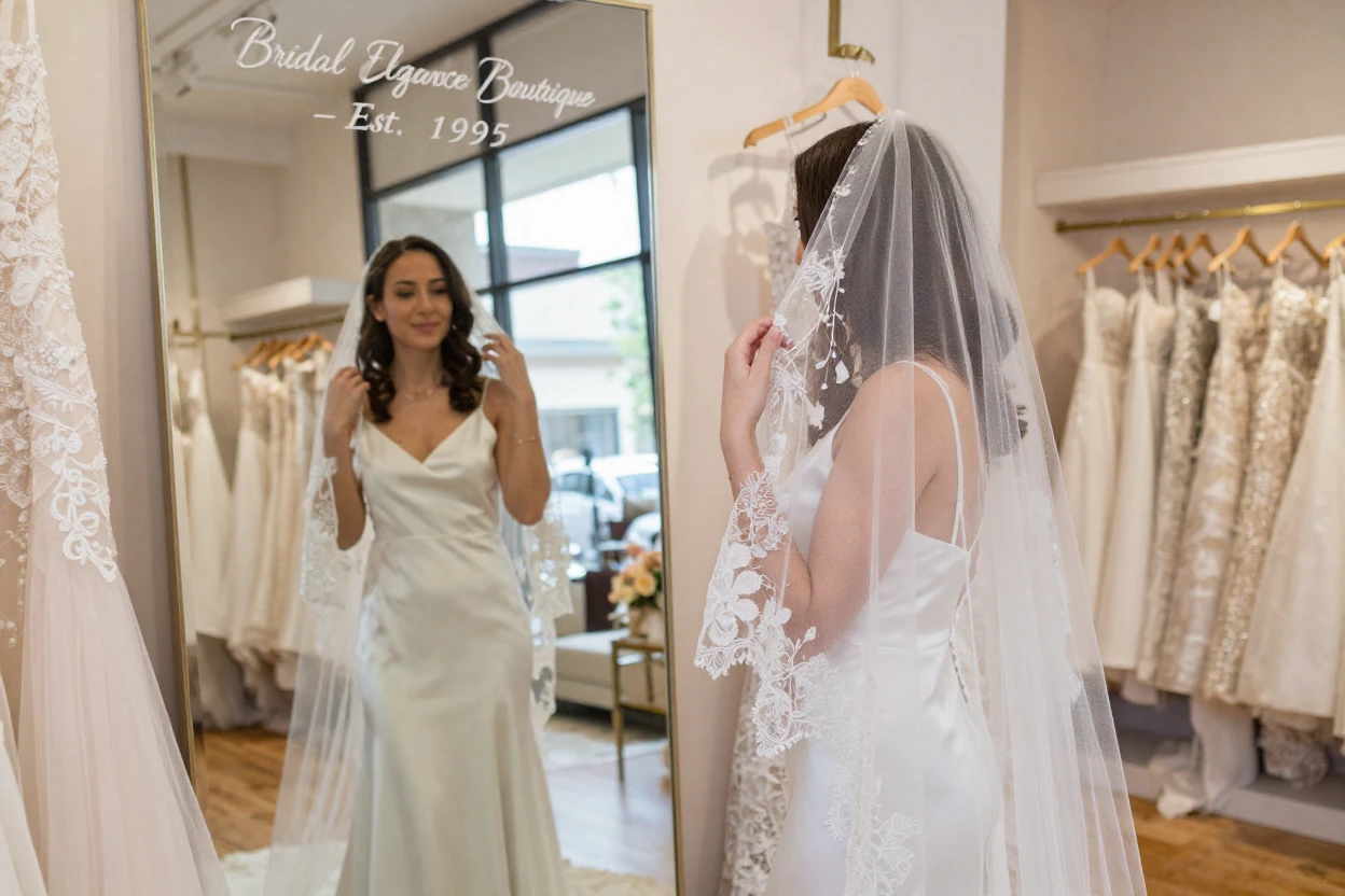 A woman trying on a bridal veil in front of a mirror at a boutique.