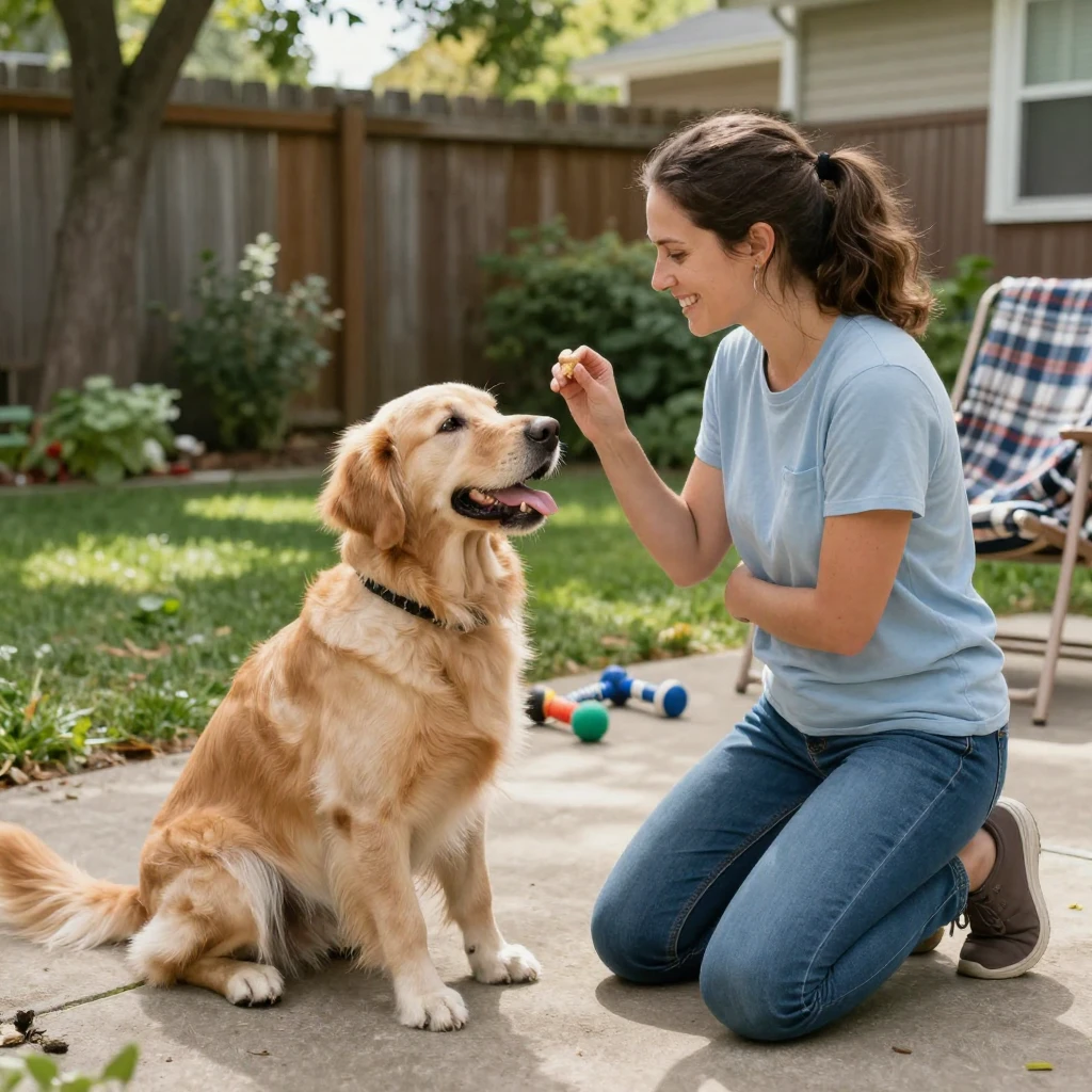 A pet owner giving a dog a treat as a reward during training.
