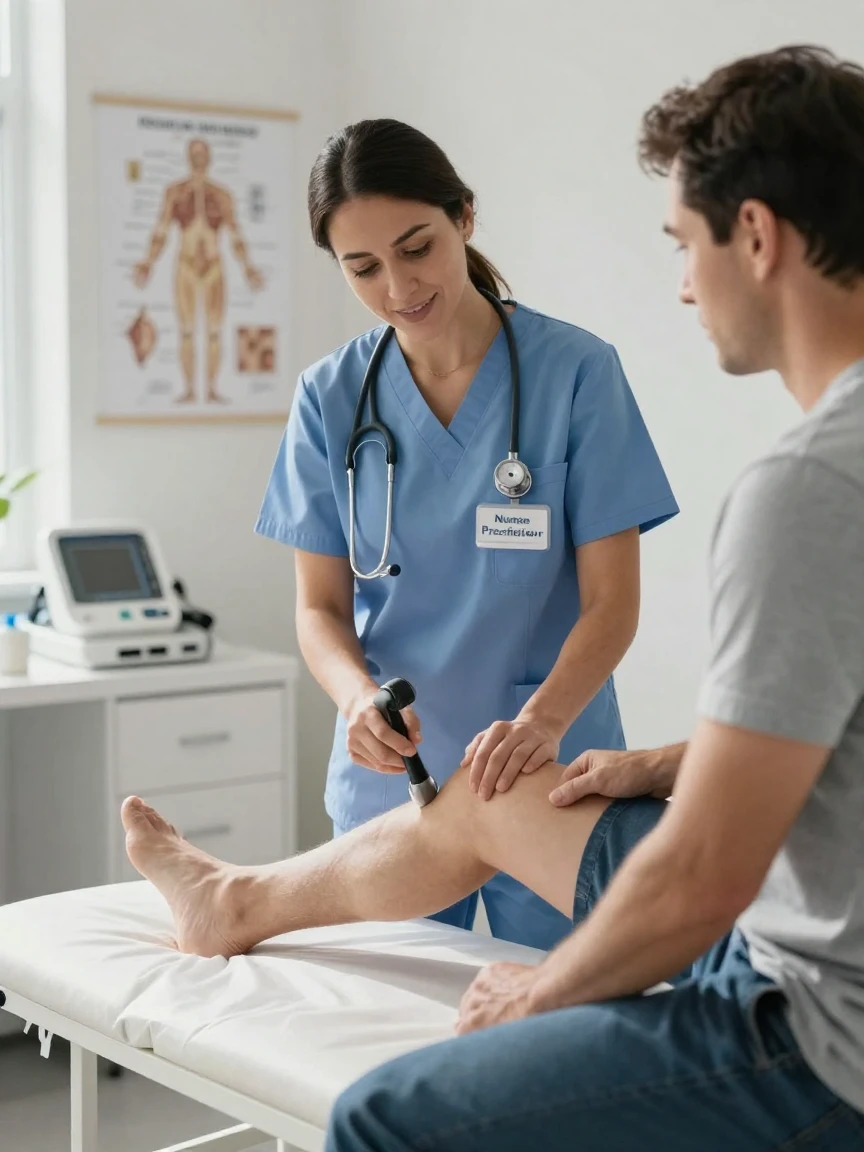 A nurse practitioner checking a patient's reflexes during an exam.
