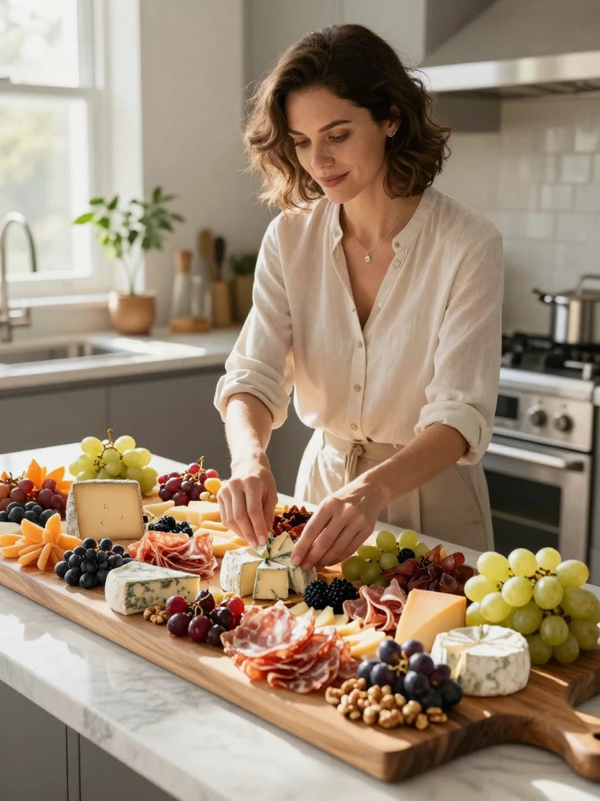 A woman preparing a charcuterie spread for a dinner party.