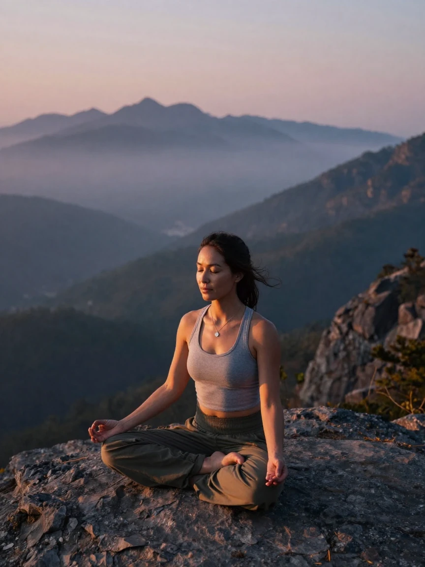 A woman practicing meditation on a quiet mountain overlook at dawn.