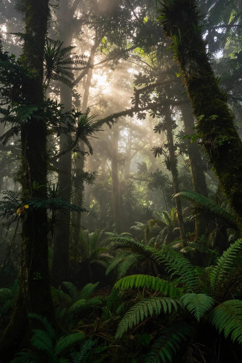 A dense cloud forest with mist weaving through the trees.