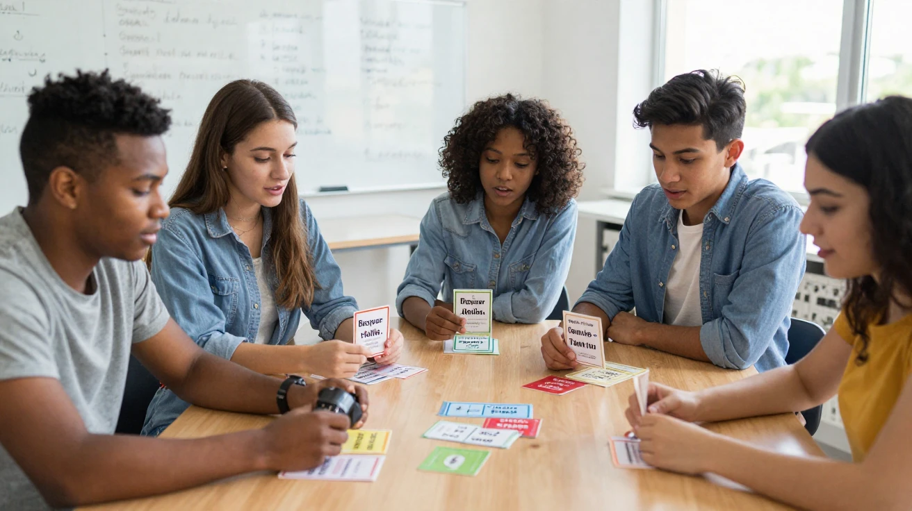 A group of students practicing a foreign language with flashcards.