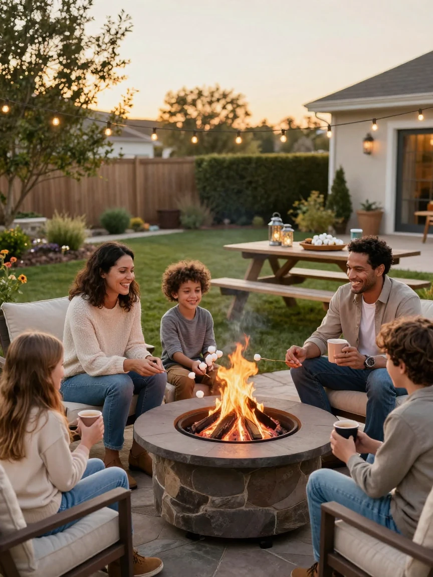 A family enjoying a fire pit evening in their new backyard.
