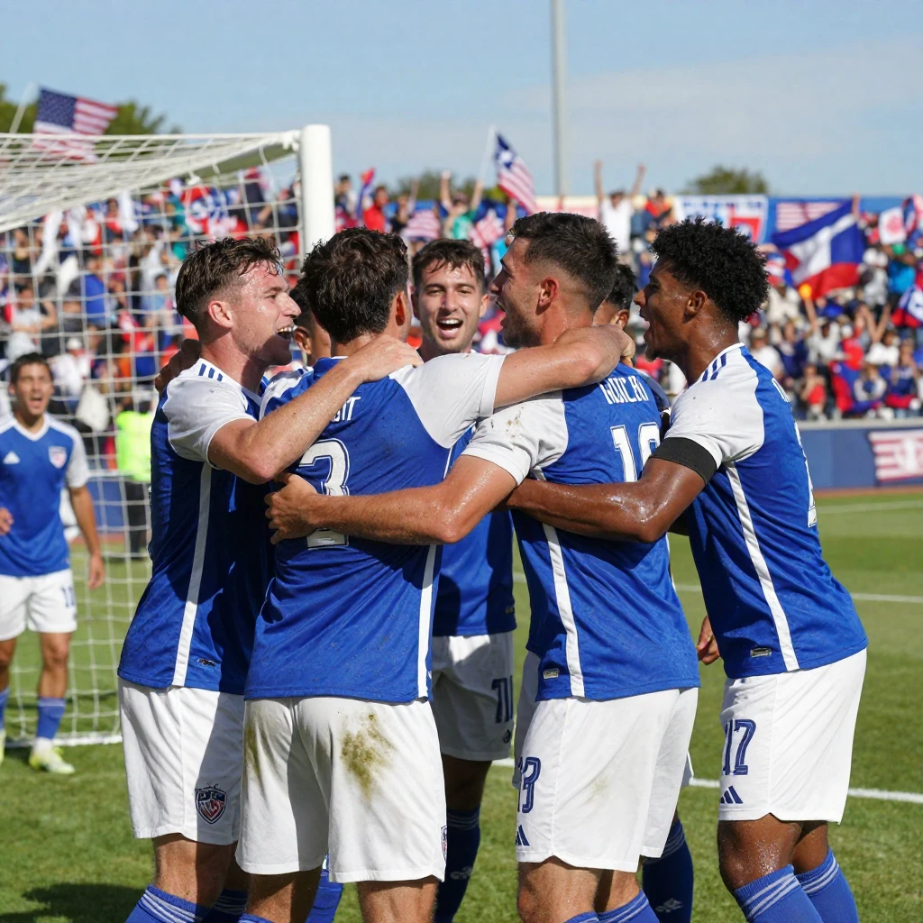 A soccer team celebrating a goal together on the field.