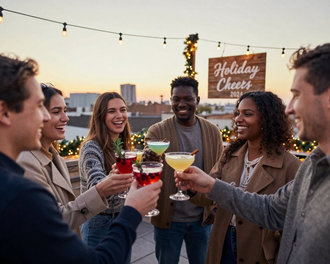 Friends toasting cocktails at a rooftop holiday party.