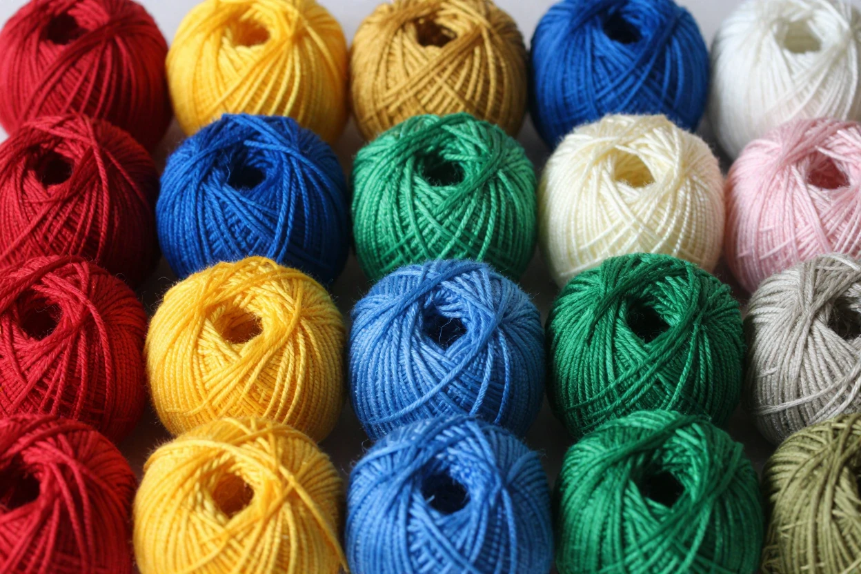 Abstract background of colorful yarn balls arranged in a flat lay.