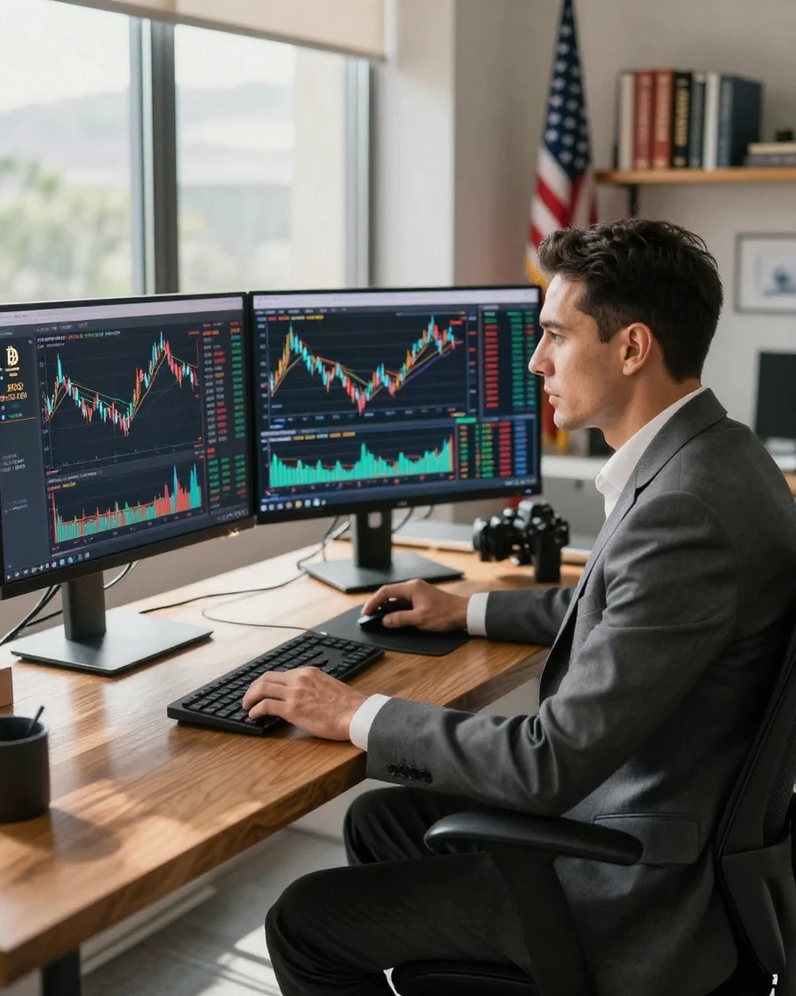 A businessman analyzing cryptocurrency charts on multiple monitors.