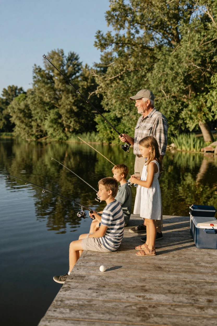 A grandfather fishing with his grandchildren from a small dock.