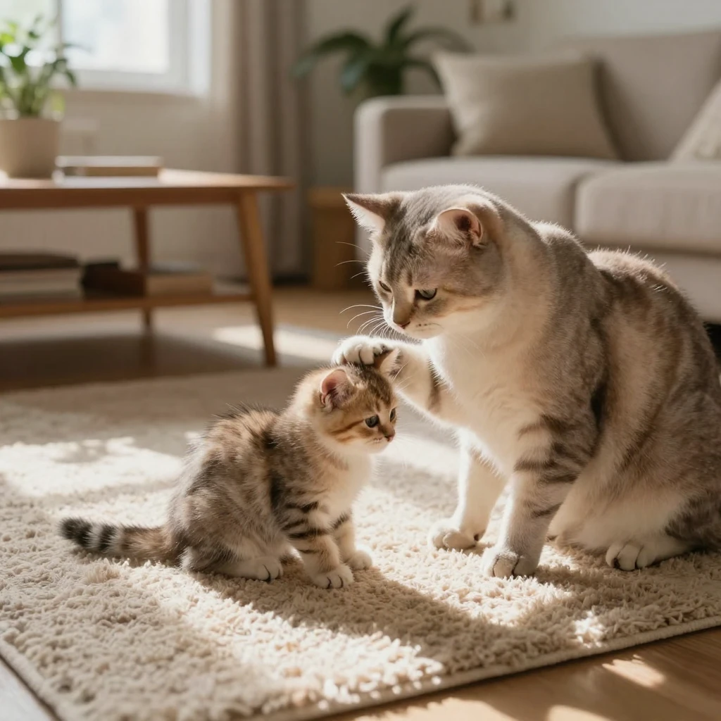 A cat grooming a kitten affectionately on a soft rug.