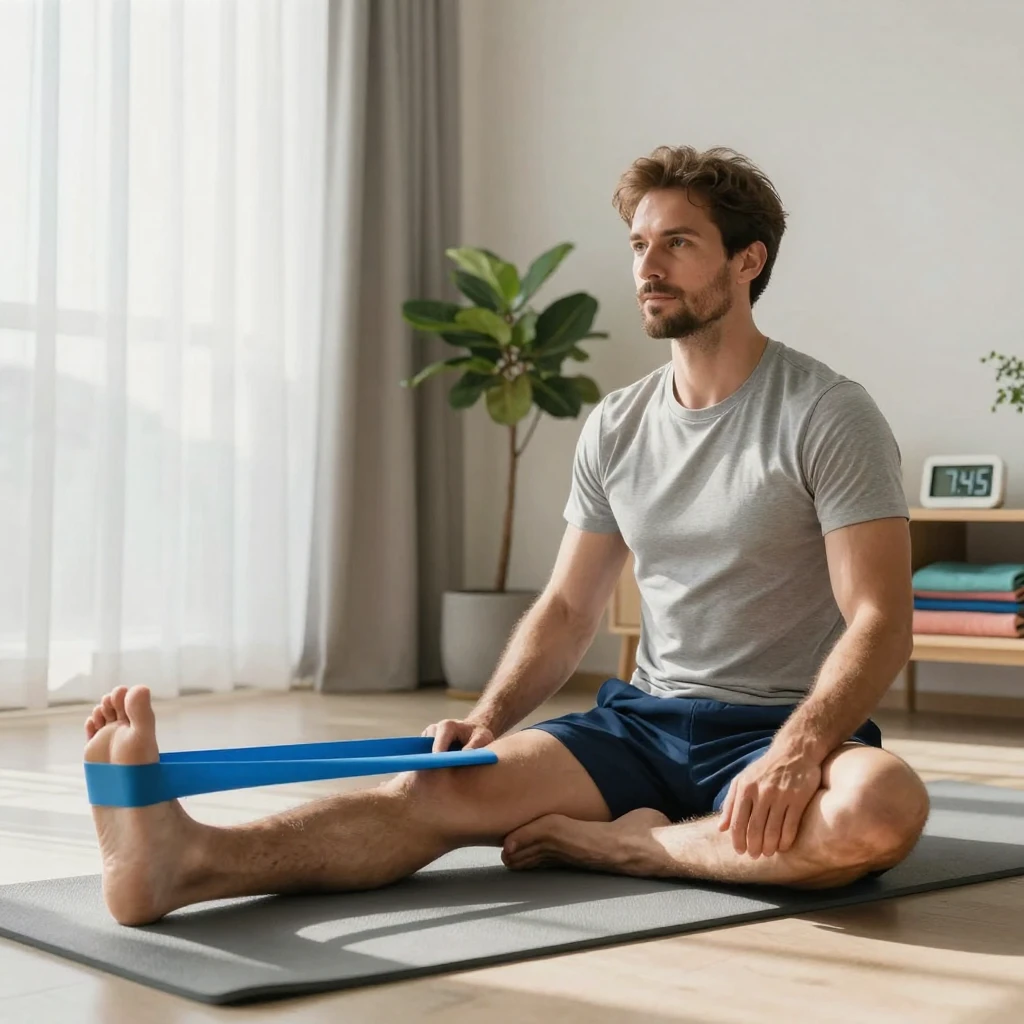 A man doing yoga with a resistance band stretch on a mat at home.