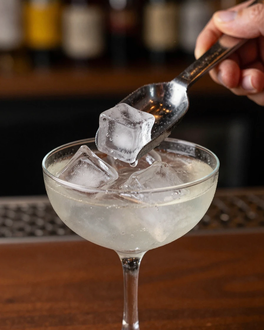 A close-up of ice being scooped into a cocktail glass.