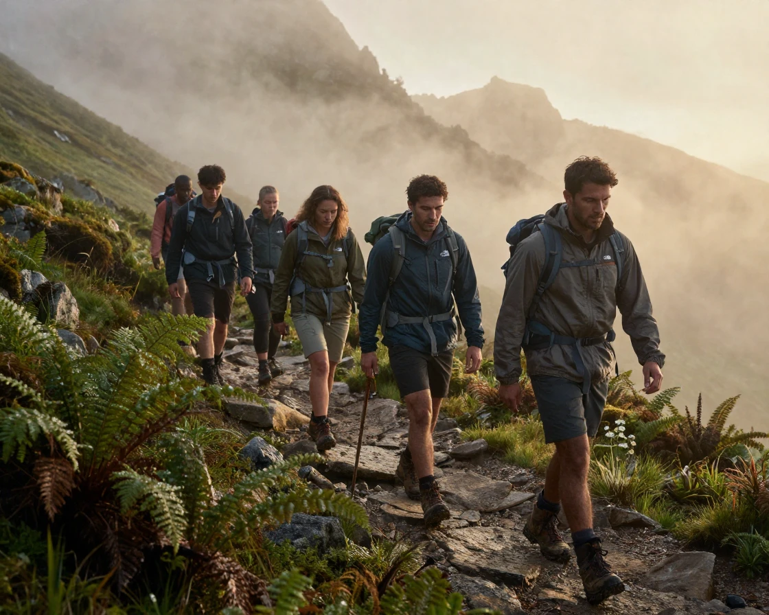 A group of hikers trekking through misty highland terrain.