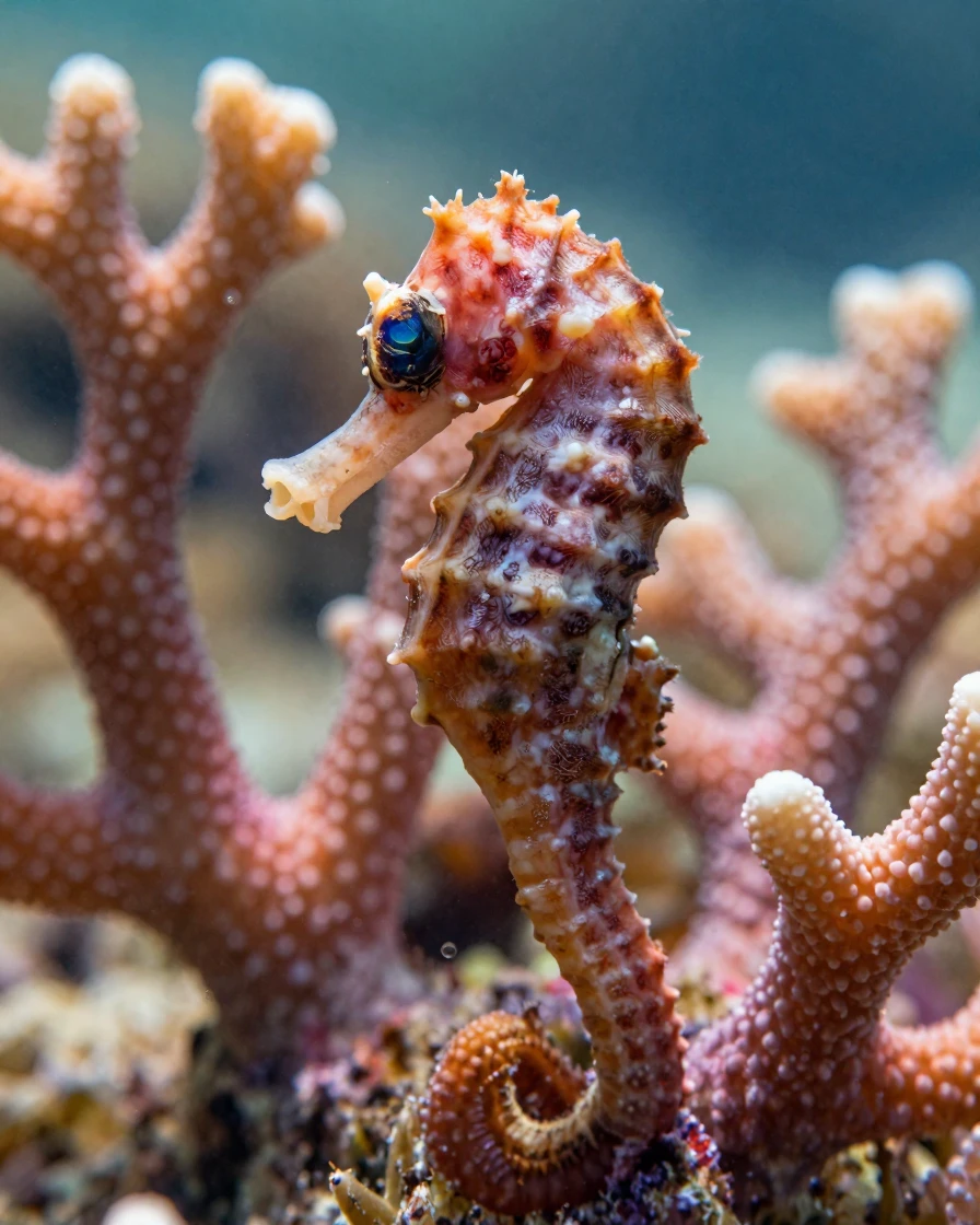 A close-up of a seahorse camouflaged among coral branches.