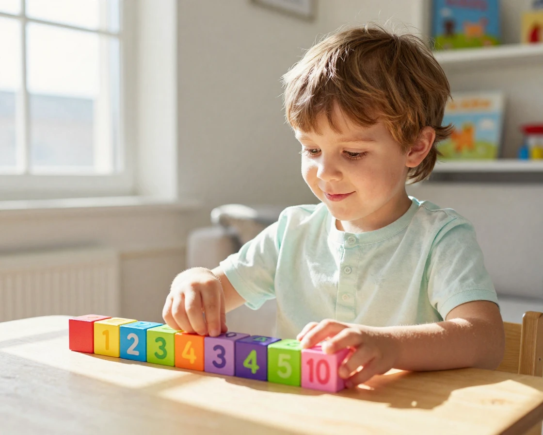 A child learning to count using colorful counting blocks.