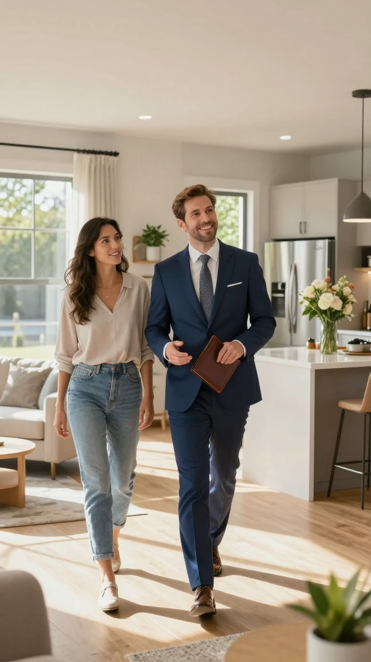 A real estate agent walking clients through a model home.